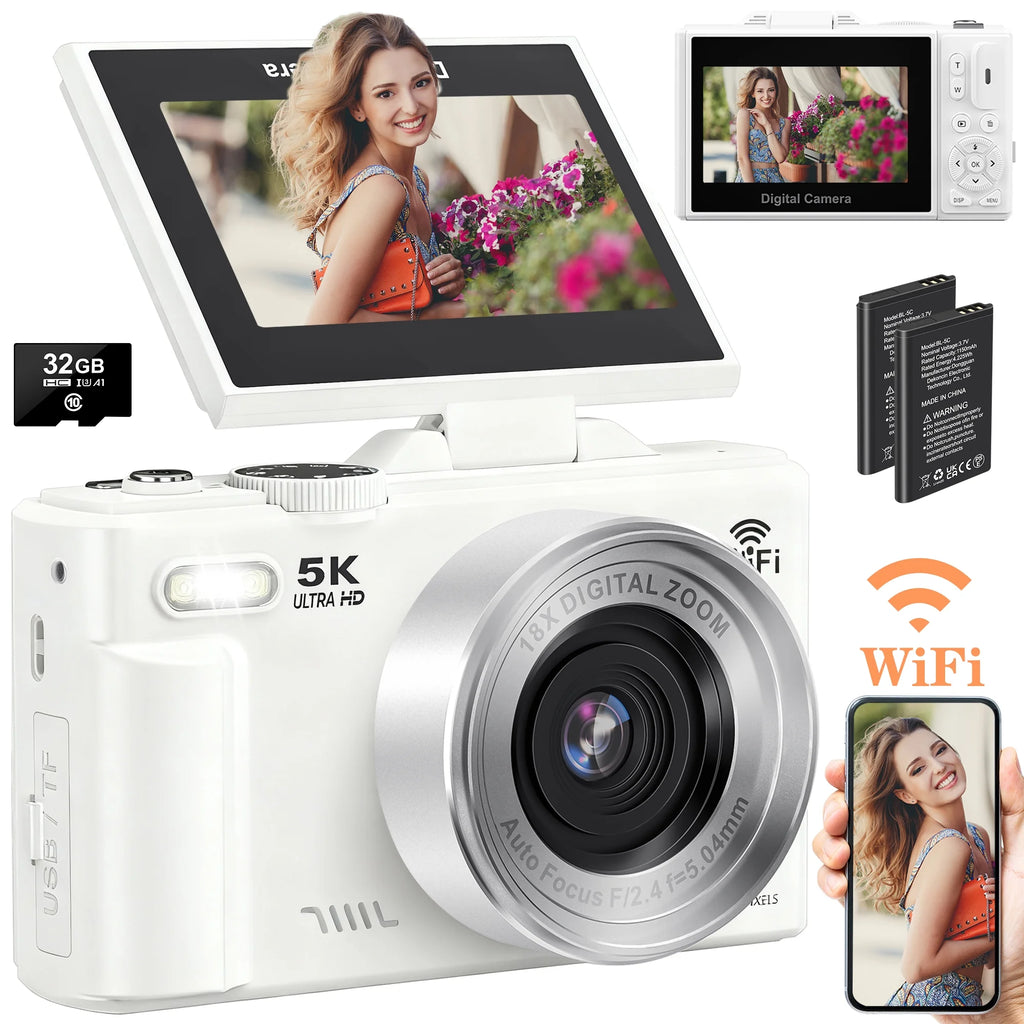 Digital Camera 5K 75MP Wifi Vlogging Camera for Photography, 18X Zoom, Autofocus, Flip Screen with 32GB Card, White