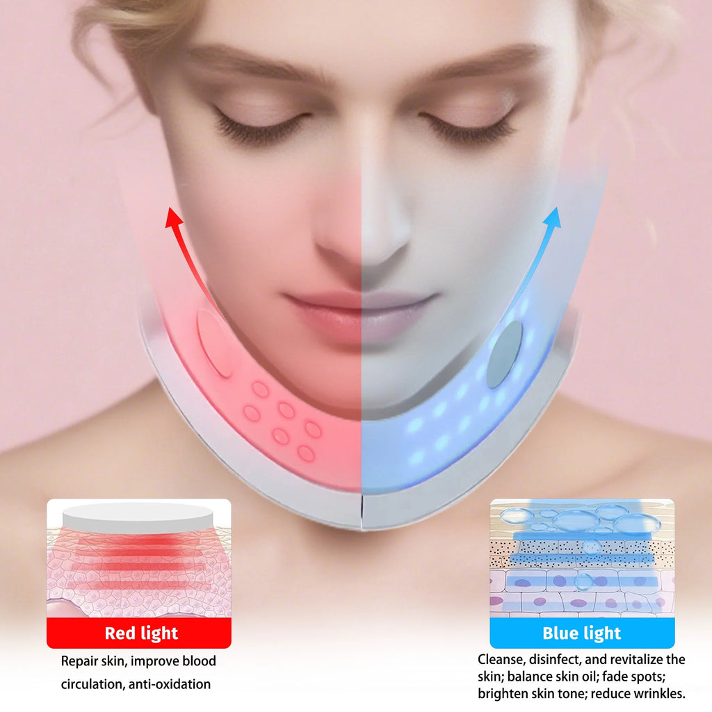 Electric V-Face Shaper, Red and Blue Light Facial and Neck Beauty Device, Microcurrent Double Chin Reducer for Skin Care, Facial Lifting, Improvement, Smoothing, and Firming.