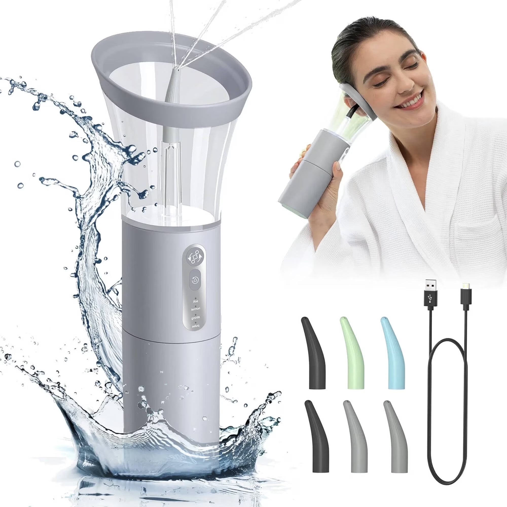 Ear Wax Removal with One-Piece Waste Tank, Ear Cleaner with Water Temperature Sensor, 4 Pressure Settings, Ear Cleaning Kit for Ear Wax Buildup & USB-C Cable, IPX6, Gray