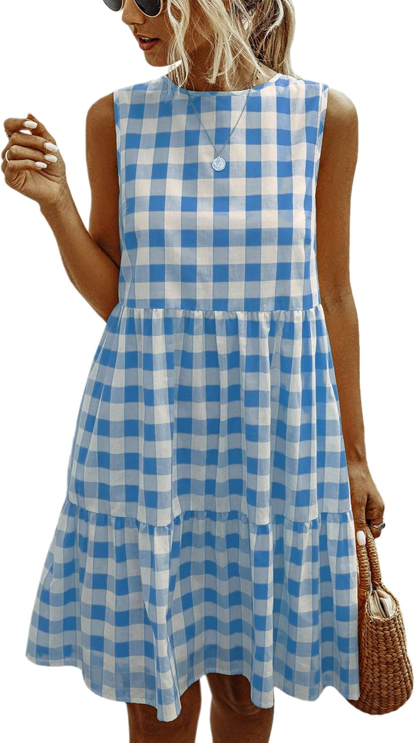 Women Dresses Plaid Sleeveless Summer Casual Sundress a Line Loose Swing T Shirt Mini Dress with Pockets