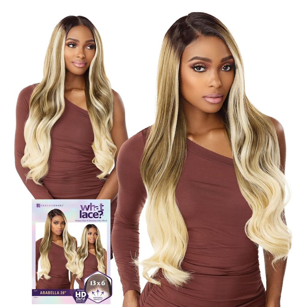 What Lace 13X6 Wigs - Arabella 28 Inch Human Hair Blend Lacefrontal Glueless Synthetic with Natural Density Preplucked Hairline (COLORMELTCHOCOLATE)