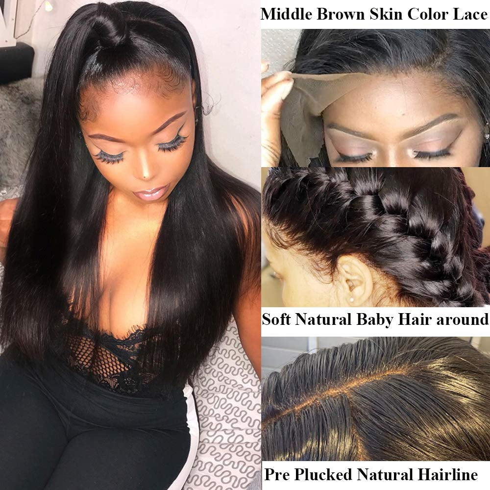 18A Brazilian Straight Human Hair Bundles with Frontal(16 18 20+14,Natural Black) Brazilian Straight Virgin Hair with 13X4 Lace Frontal 100% Unprocessed Human Hair Weave with Frontal