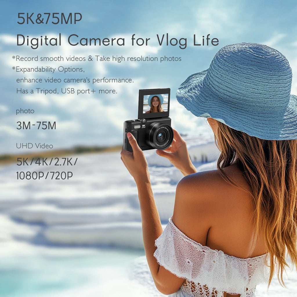 5K Digital Camera for Photography with Wifi, 75MP Vlogging Camera for Youtube with 3" 180° Flip Screen, 18X Digital Zoom Photography Camera with 32GB Micro SD Card & 2 Batteries(Black)