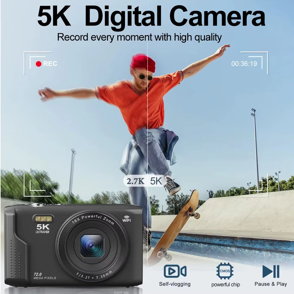 Compact Digital Camera 5K 72MP 2.8'' Screen LCD Screen 16X Digital Zoom Vintage Photography Vlog Video Recorder Youtube
