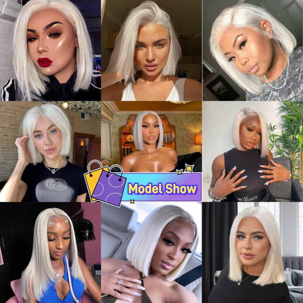 Glueless Human Hair 60# Grey White Platinum Blonde Bob Wigs for Black Women 8 Inch HD Transparent Lace Front Wigs Pre Plucked Frontal and Bleached Knots 130% Density